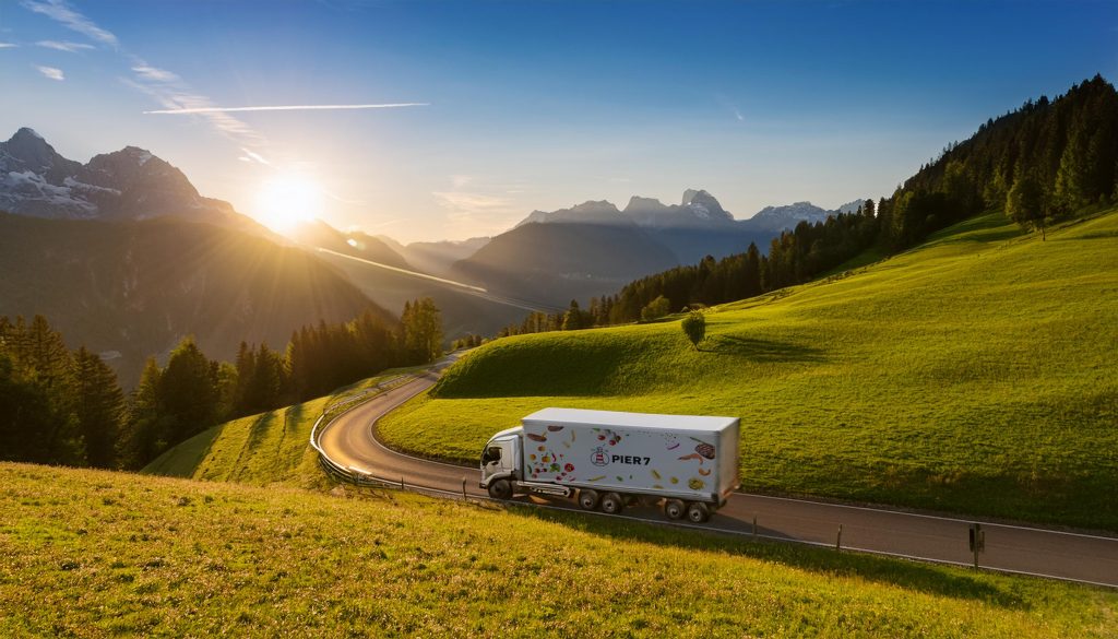 Lebensmittel Logistik bei PIER 7 – LKW im Sonnenuntergang